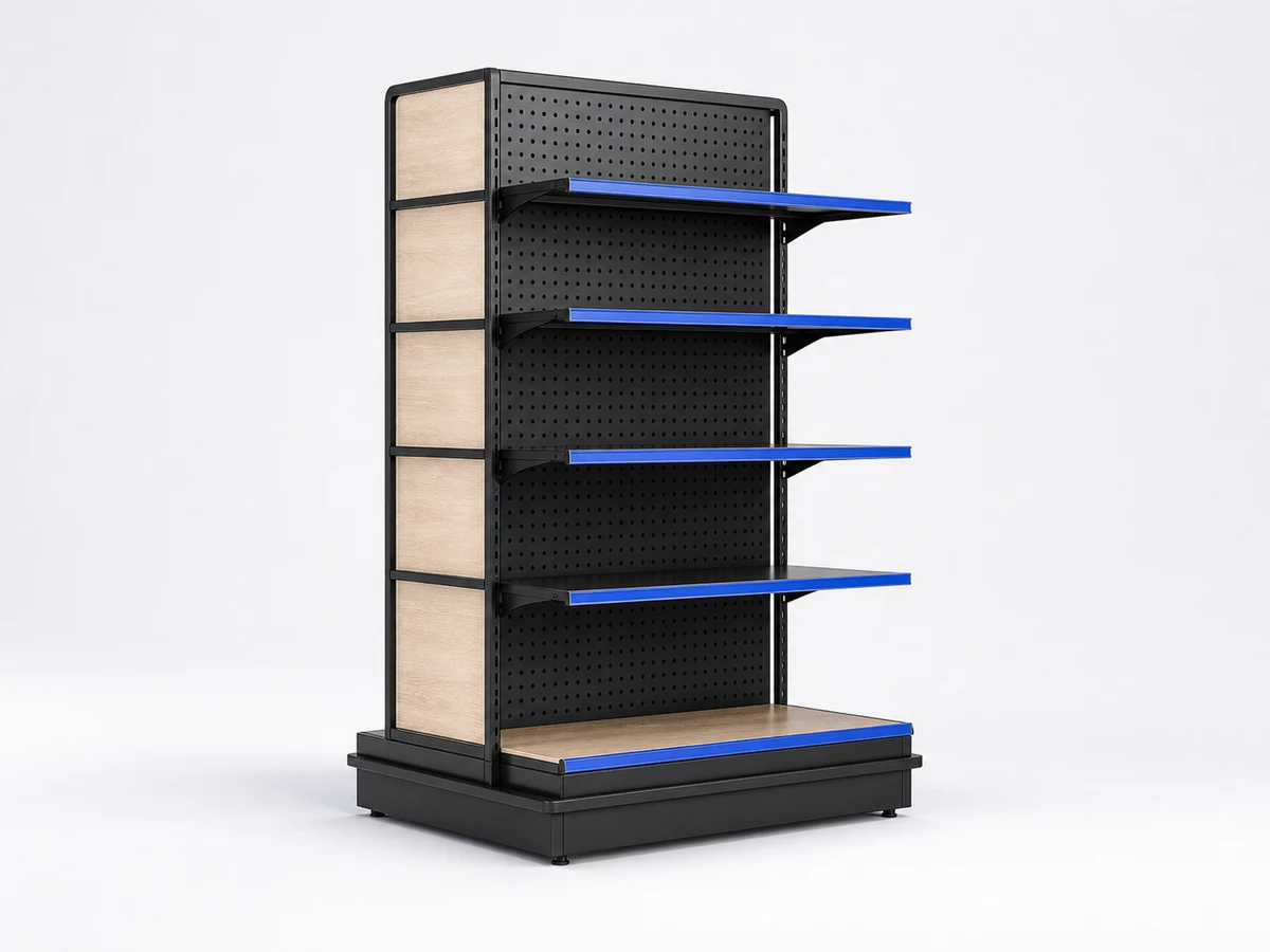 Concept visualization of a freestanding metal and wood retail floor display