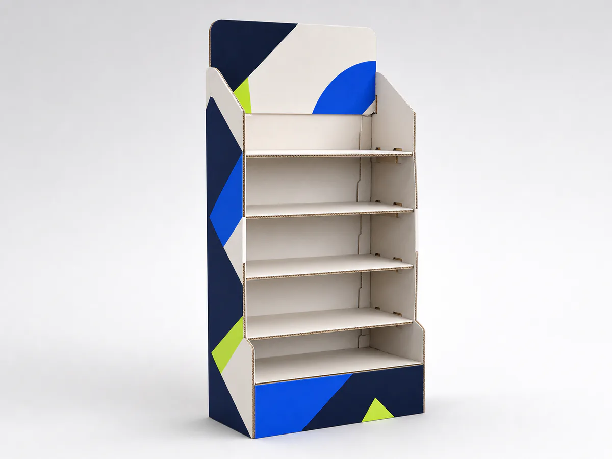 Concept visualization of a printed corrugated cardboard POP floor display with four merchandise shelves