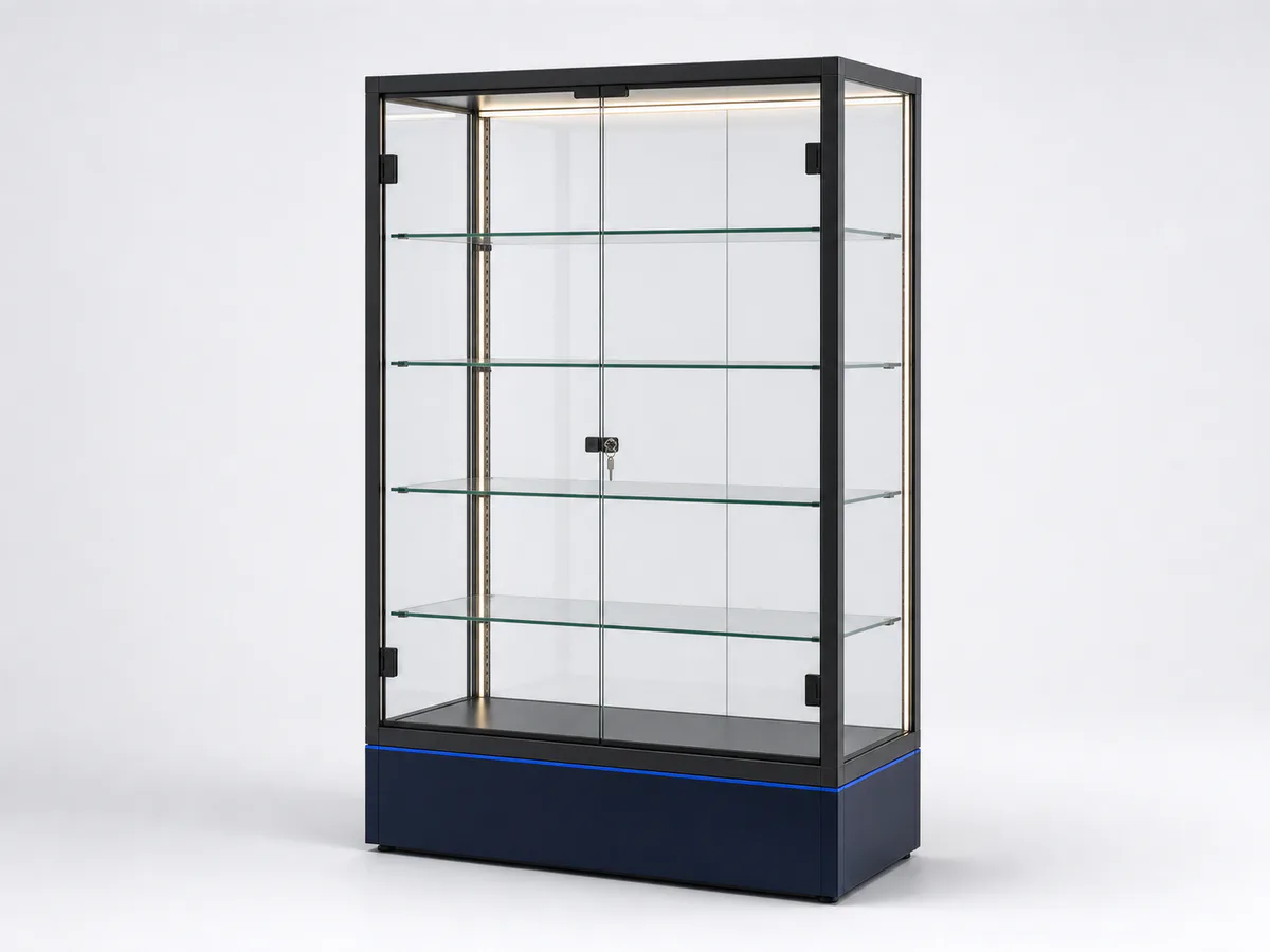 Concept visualization of a lockable glass retail display case with adjustable shelves and integrated lighting