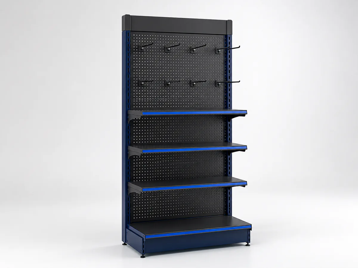 Concept visualization of a powder-coated metal POP floor display with pegboard hooks and adjustable shelves