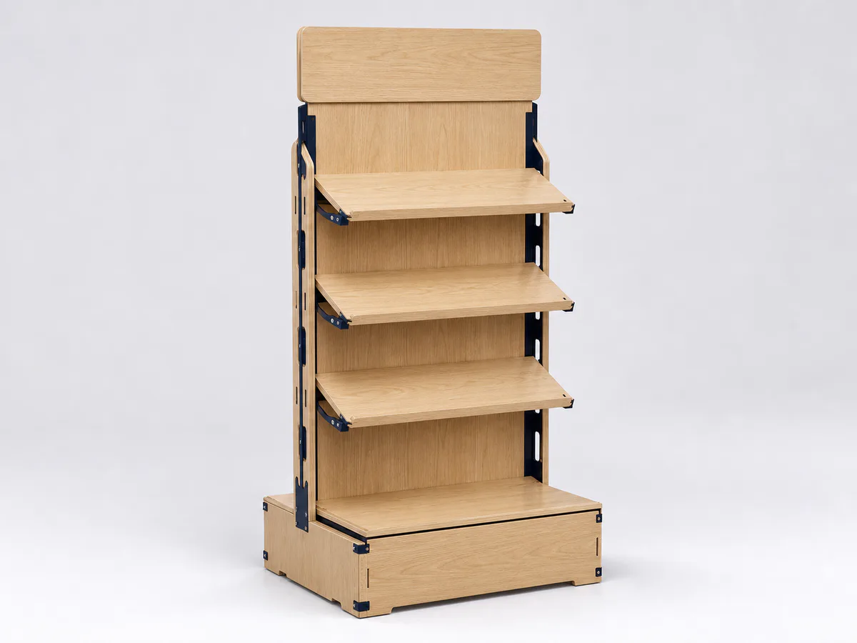 Concept visualization of a light oak POP floor display with adjustable shelves and navy metal details